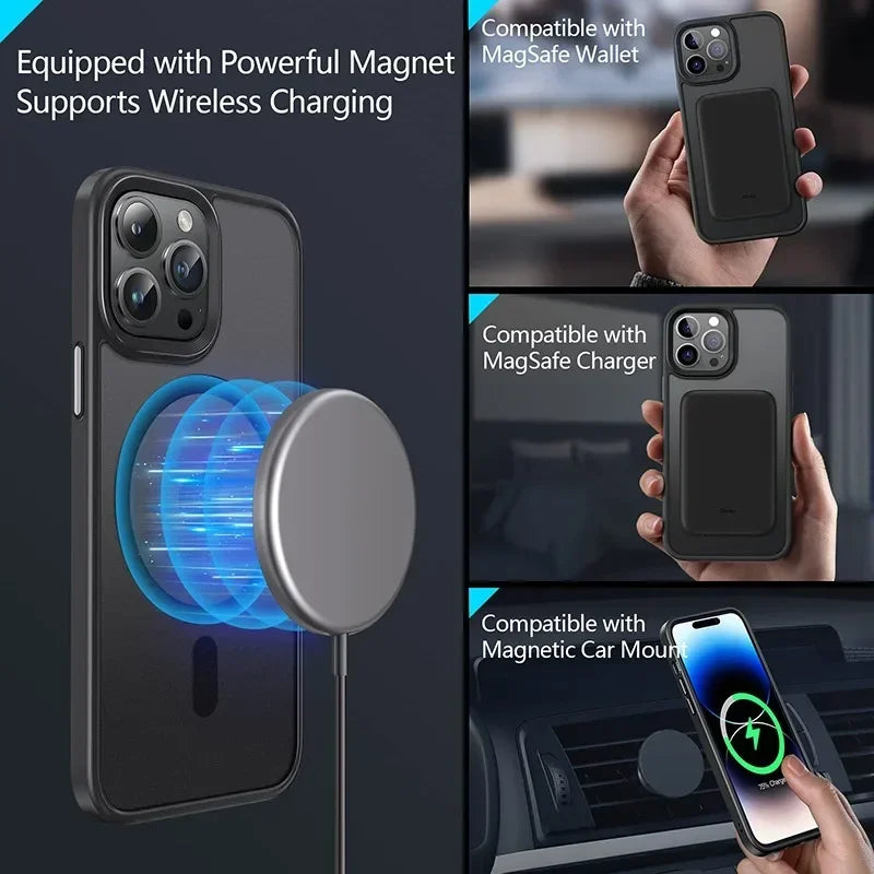 Matte Translucent Phone Case For iPhone 16 15 14 13 11 12 Pro Max Plus Magnetic Case For Magsafe Wireless Charging Cover