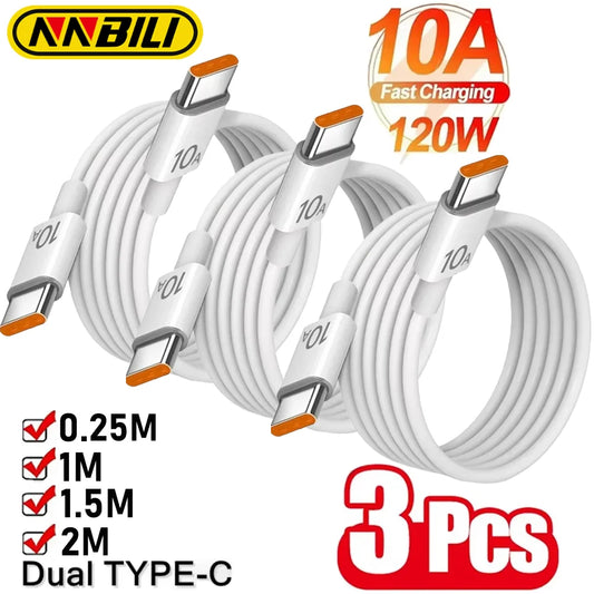3Pcs Universal 120W 10A Fast Charger PD Dual Type C Quick Charging Cable Data Wire Cord For iPhone 15 16 Samsung HUAWEI